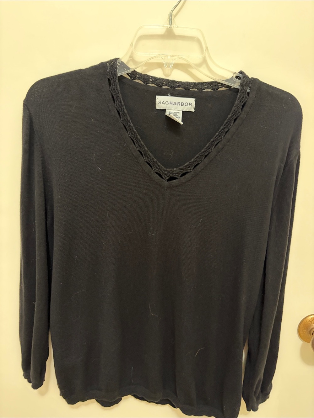 Sag Harbor Black V-Neck Long Sleeve Knit Top with Braided Trim